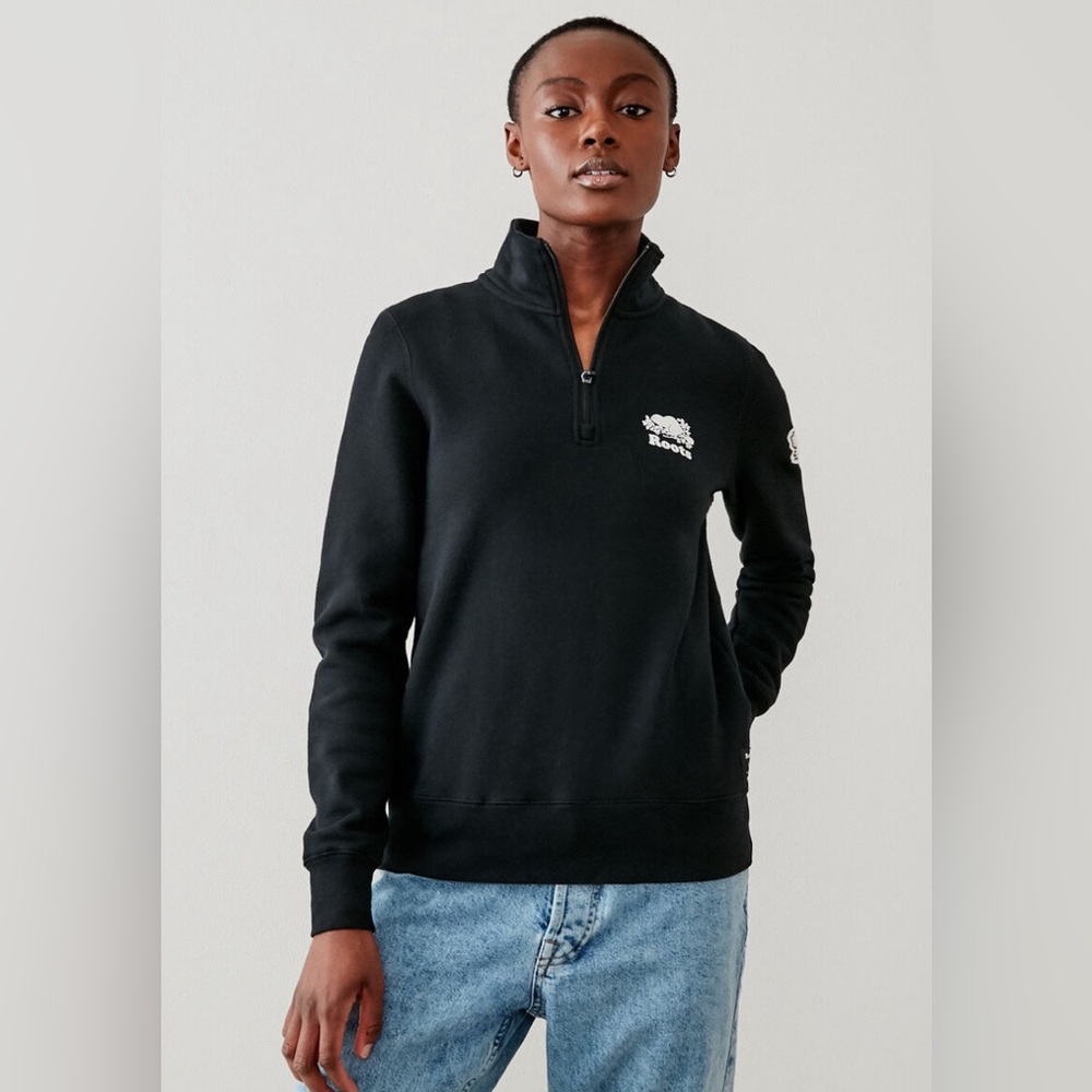 Roots Black Quarter-Zip Sweatshirt with White Logo